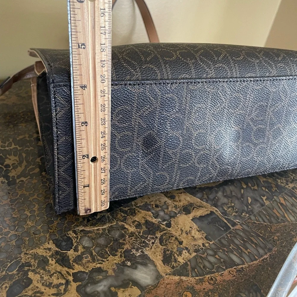 Calvin Klein Navy Monogram Tote with Beige Strap and Gold Chain